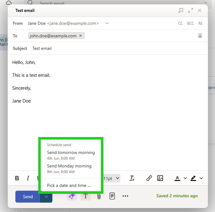 Screenshot of the IONOS webmail. The dialog for creating a new email is open, and within it, the menu with the options for delayed sending is open.