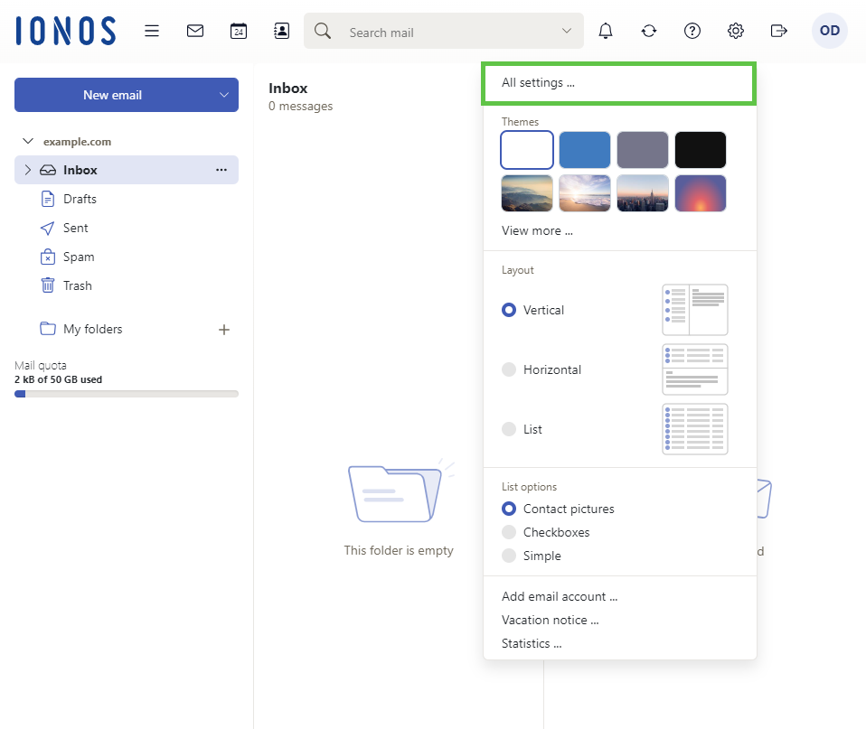 The All settings menu option is highlighted within IONOS Webmail.