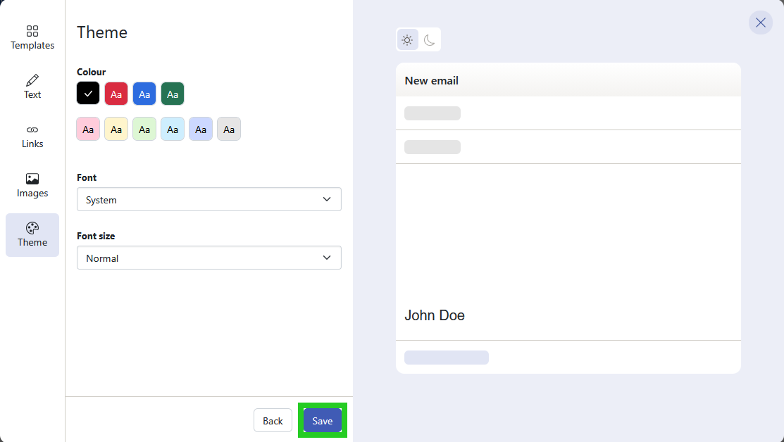 The Save button is highlighted within the Theme options window of the Signature setup process.