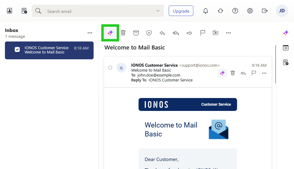 IONOS Webmail with the AI menu option highlighted in the toolbar menu above the open email.