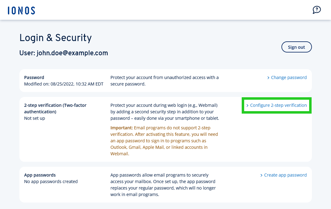 The Login & Security page with the Configure 2-step verification link highlighted.
