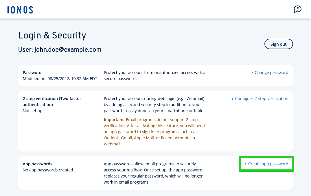 The Login & Security page with the Create app password link highlighted.