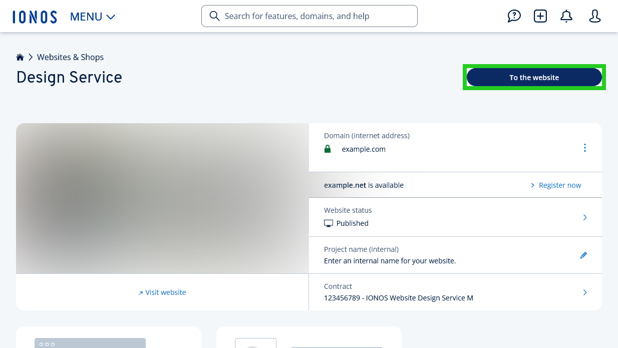 The To the website button is highlighted on the Website Design Service overview page.