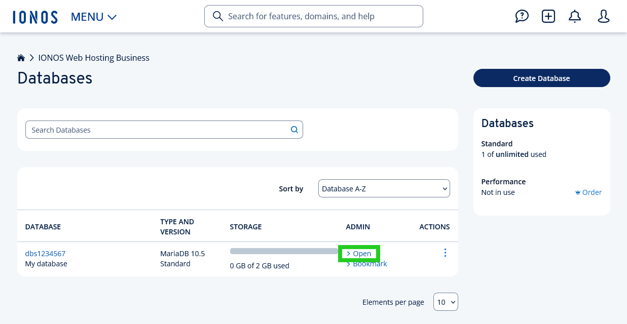The Databases page of the IONOS account with the Open link highlighted.