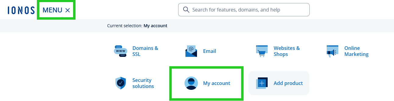 The My account option highlighted within the IONOS Menu.