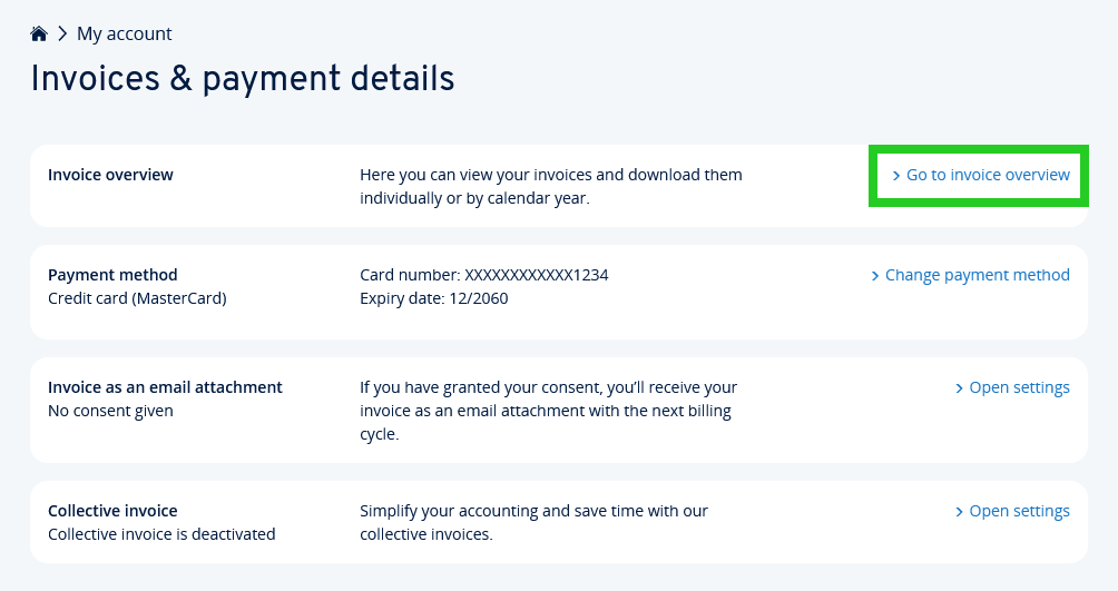 The Go to Invoice overview link highlighted on the Invoices & payment details page.
