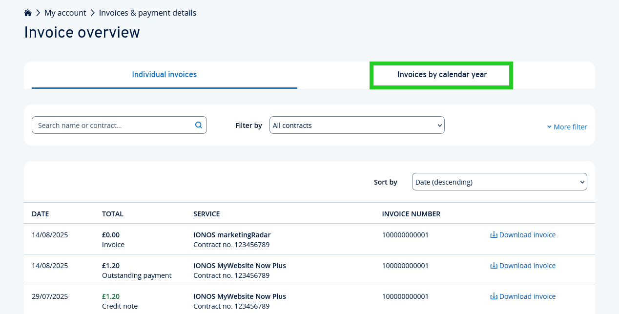 The Invoices by calendar year tab highlighted on the Invoice overview page.