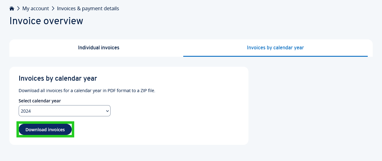 The Download invoices button highlighted on the Invoices by calendar year tab.