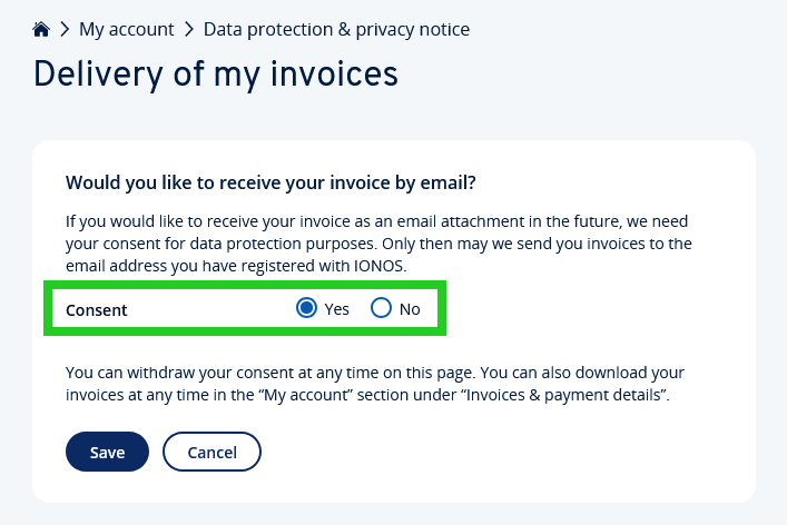 The Delivery of my invoices page with the Consent option highlighted.