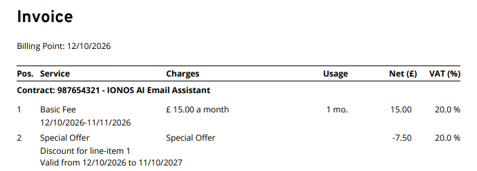The products and services overview section on an IONOS invoice, showing a billing table with information such as charges and usage.