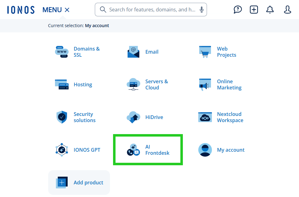 The AI Frontdesk tile is highlighted in the IONOS menu.