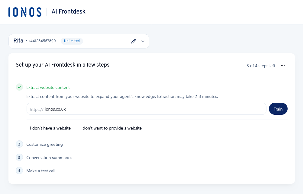 The extract website content step of the AI Frontdesk setup.