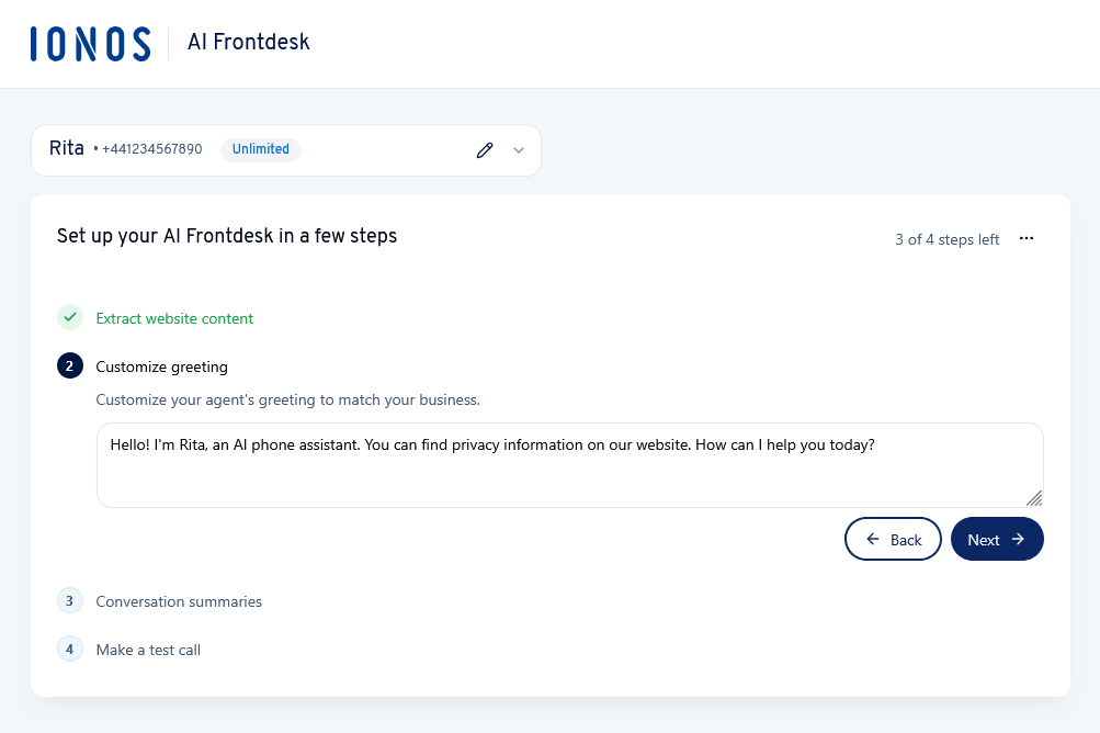 The customize greeting step of the AI Frontdesk setup.