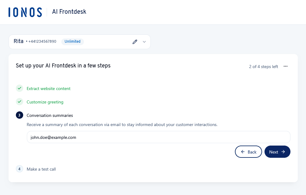 The conversation summaries step of the AI Frontdesk setup.