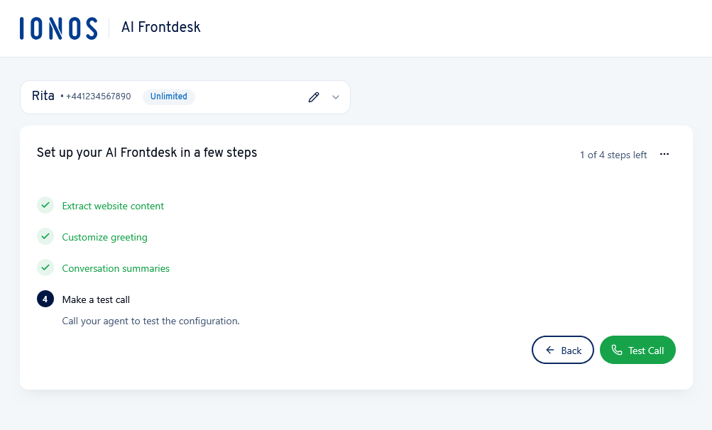The make a test call step of the AI Frontdesk setup.