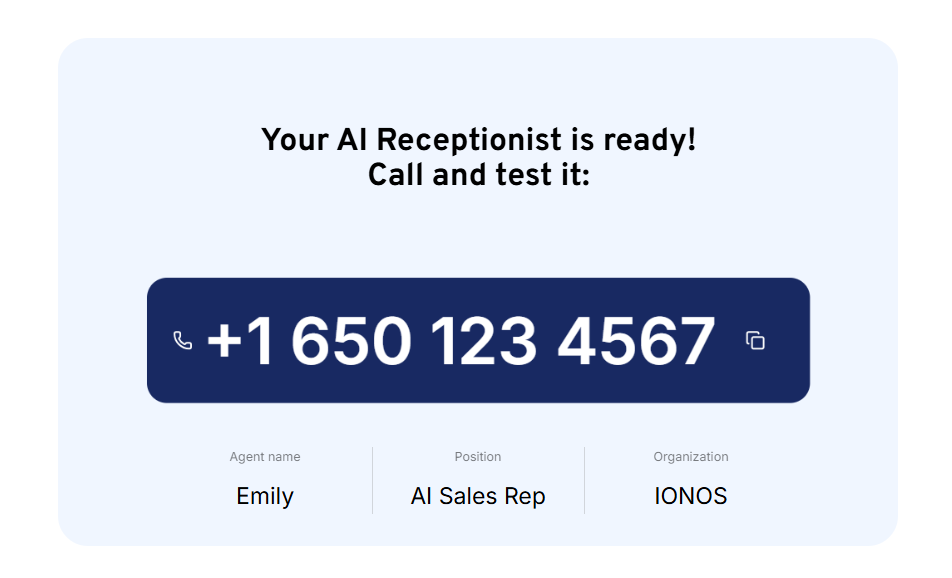 The AI Receptionist phone number is displayed on the confirmation screen.
