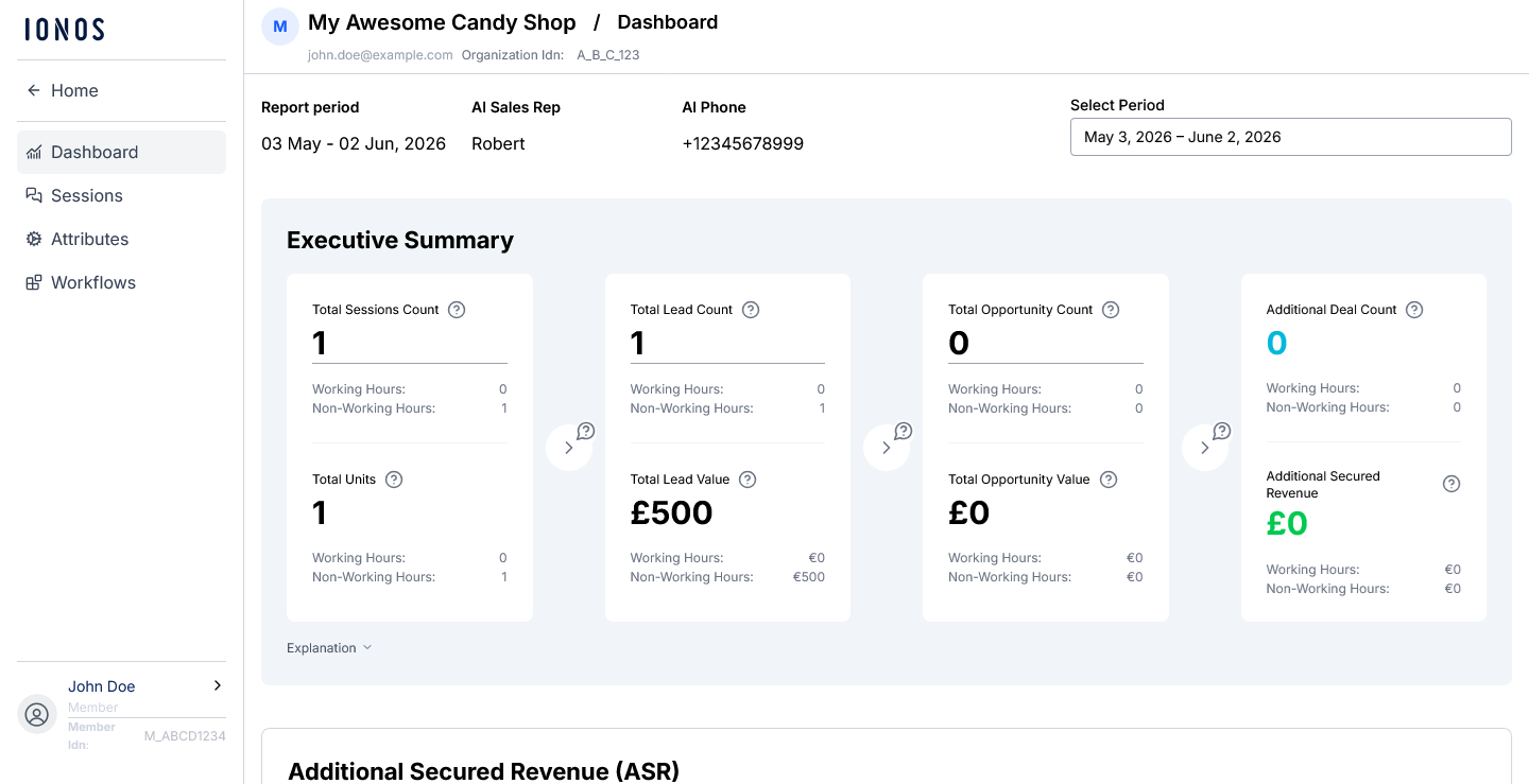 The IONOS AI Receptionist Dashboard.