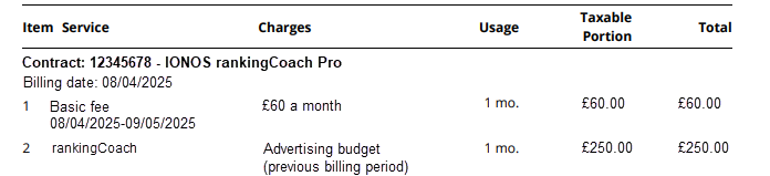 Image of an IONOS invoice with the billing items referred to in this Help Center article.