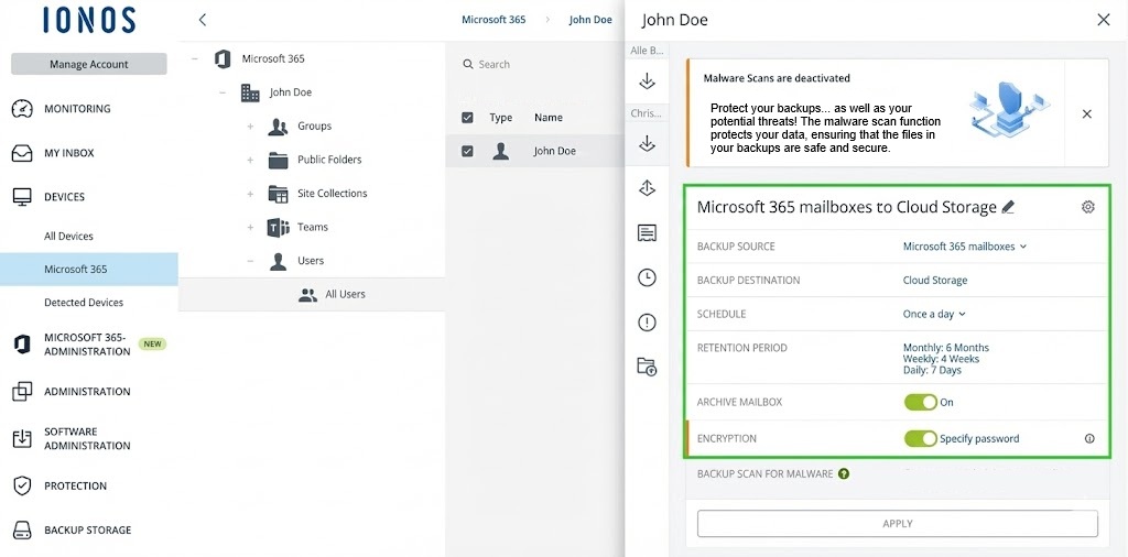 The Microsoft 365 backup options are highlighted in the MyDefender administration.