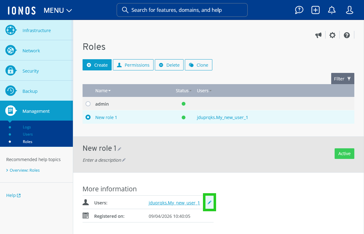 The pencil icon is highlighted in the Roles section of the Cloud Panel.