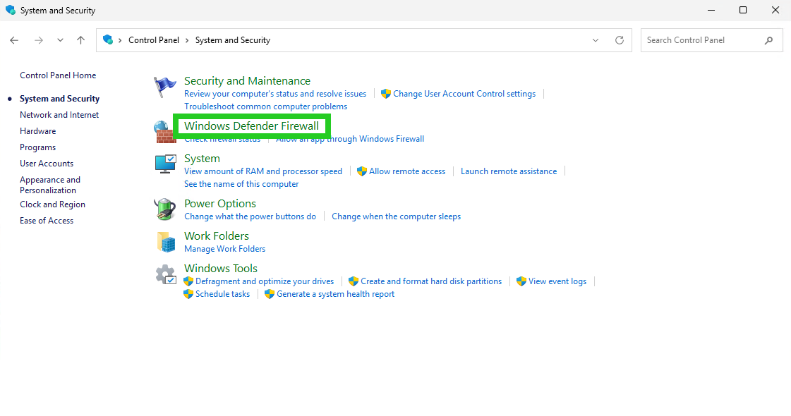 The System and Security section of the Windows Control Panel, with the Windows Defender Firewall highlighted.