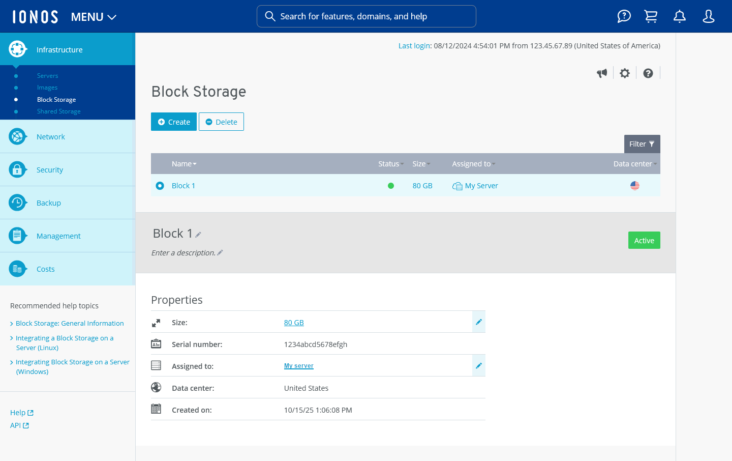 The block storage page of the IONOS Cloud Panel.