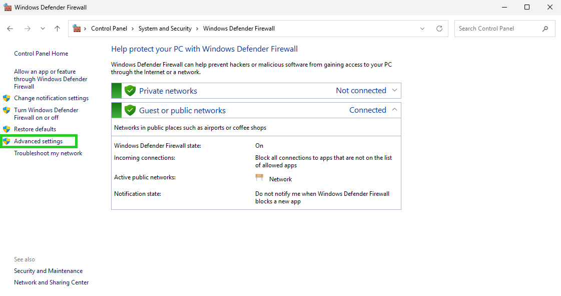 The Windows Defender Firewall section of the Control Panel, with the Advanced settings option highlighted.