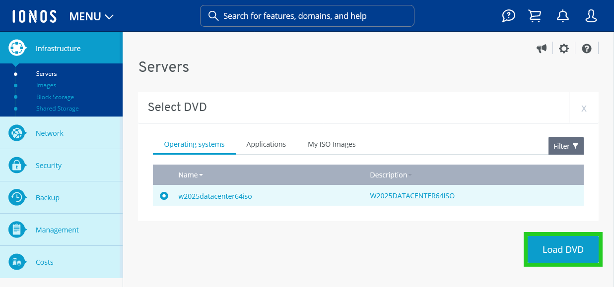 The Select DVD page of the Cloud Panel with the Load DVD button highlighted.