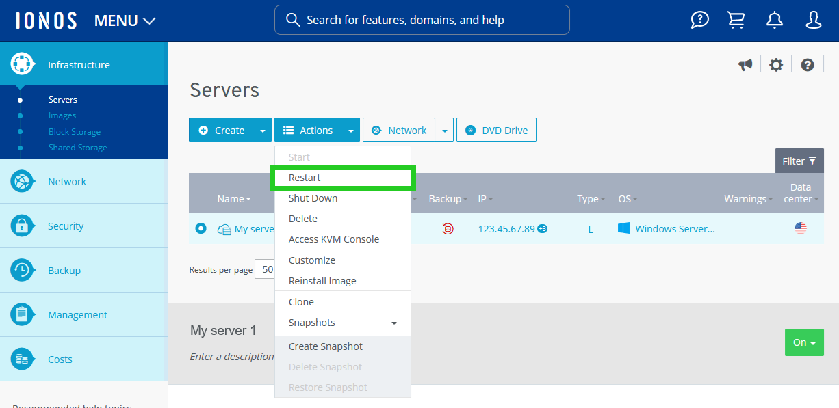 The Actions menu of the Cloud Panel with the Restart option highlighted.