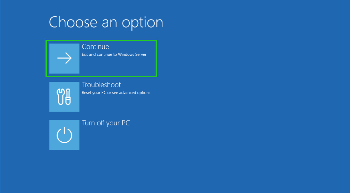 The Choose an option screen of the Windows rescue DVD, with the Continue option highlighted.