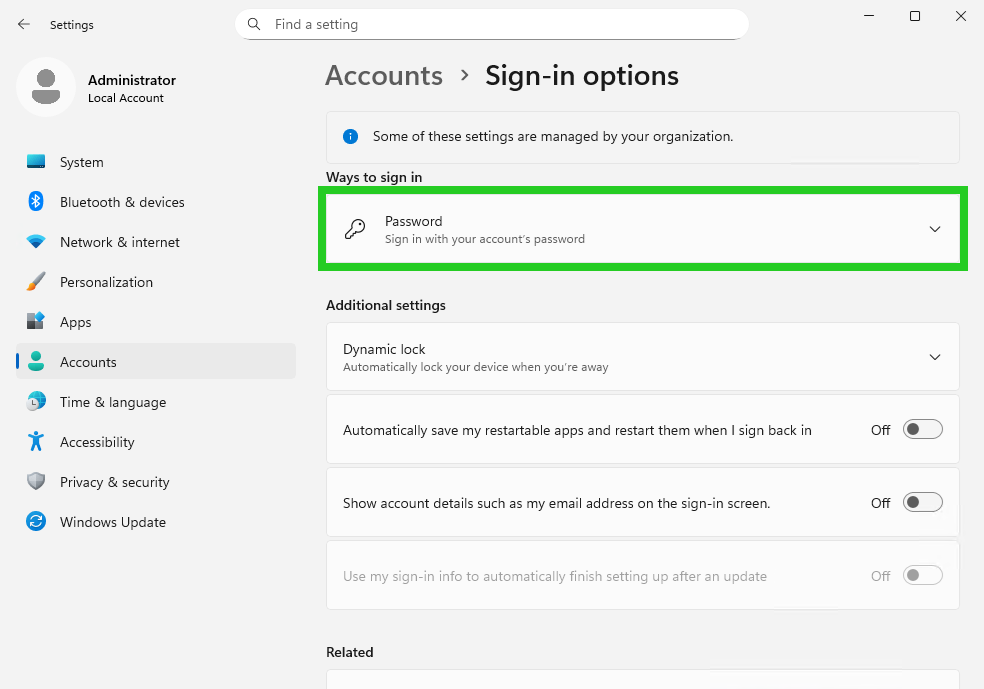 The Windows Server 2025 Sign-in options window with the Password option highlighted.