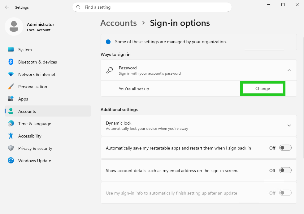 The Windows Server 2025 Sign-in options window with the Change button highlighted.