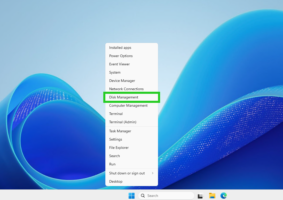 The Disk Management option is highlighted in the Windows Start context menu.