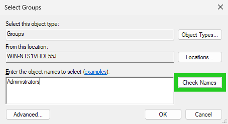The Select Groups window with the Check Names button highlighted.