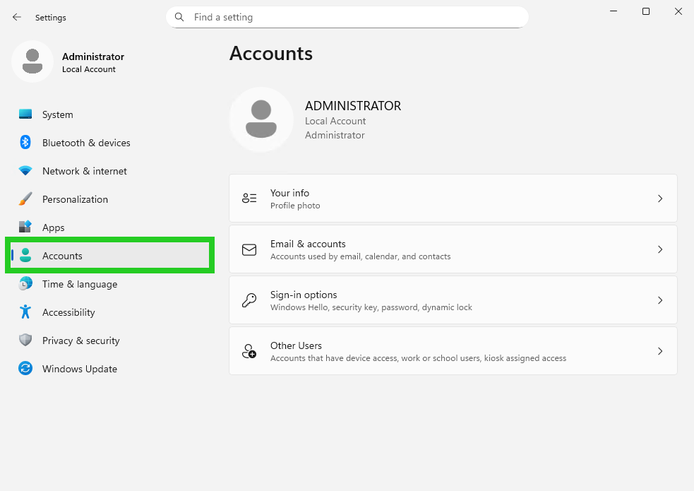 The Windows Settings application with the Accounts menu option highlighted.