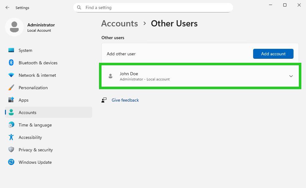 The Other Users area of the Windows Settings application, with an example user highlighted.