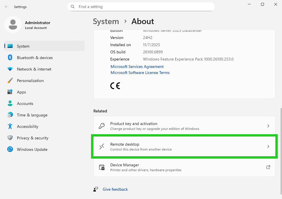 The About section of the System menu in the Windows Settings app with Remote desktop highlighted.