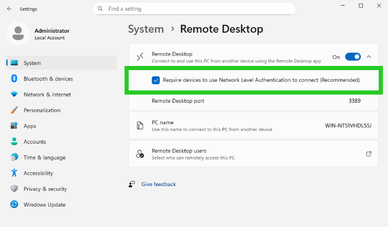 The Remote Desktop section of the Settings app, with the Network Level Authentication option highlighted.