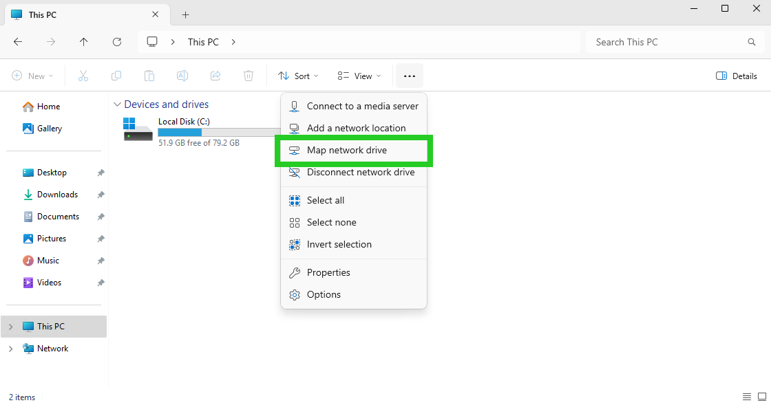 The See more menu of the File Explorer with the Map network drive option highlighted.