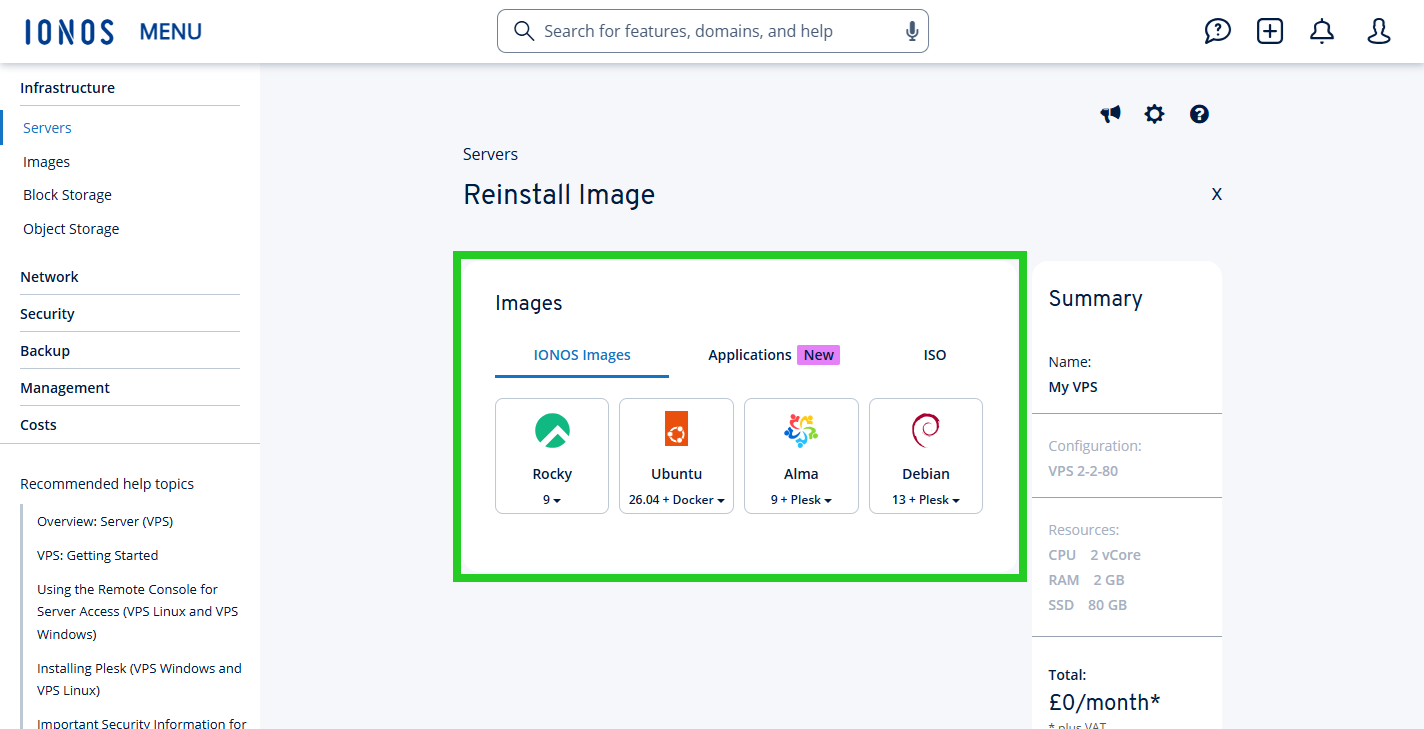 The Images area is highlighted on the Reinstall Image page.
