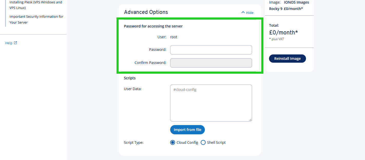 The password fields are highlighted in the Advanced Options section.