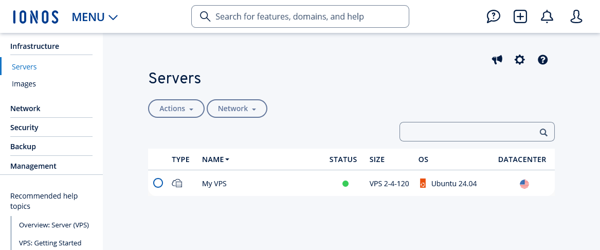 The Servers section of the IONOS Cloud Panel.
