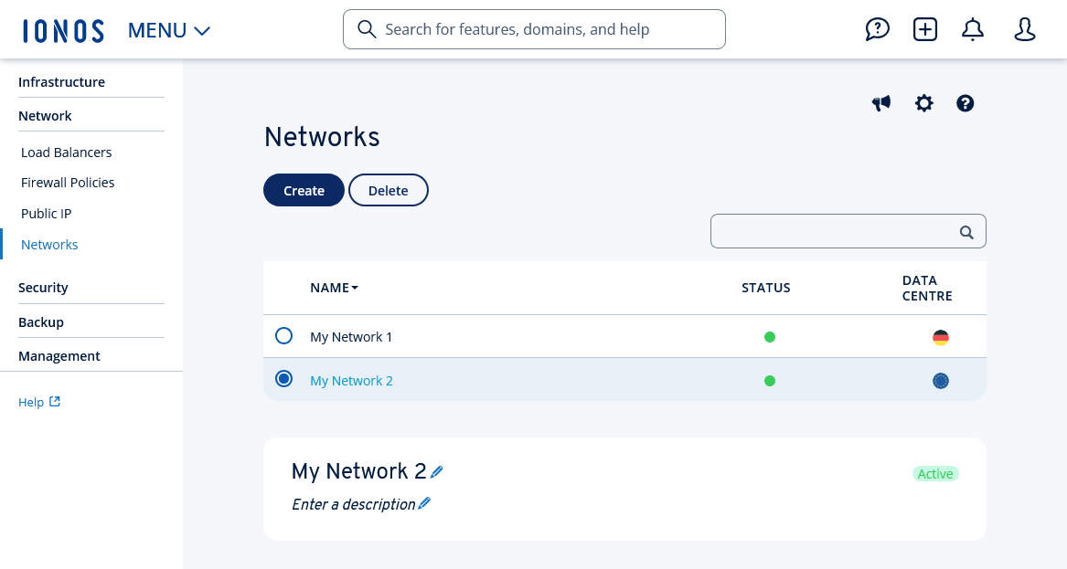 The Networks section of the Cloud Panel.