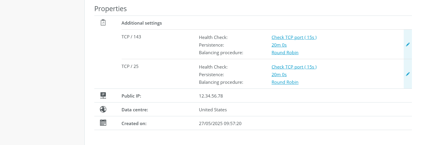 Screenshot: The Load Balancers page is displayed in the Cloud Panel. The Properties section is highlighted.