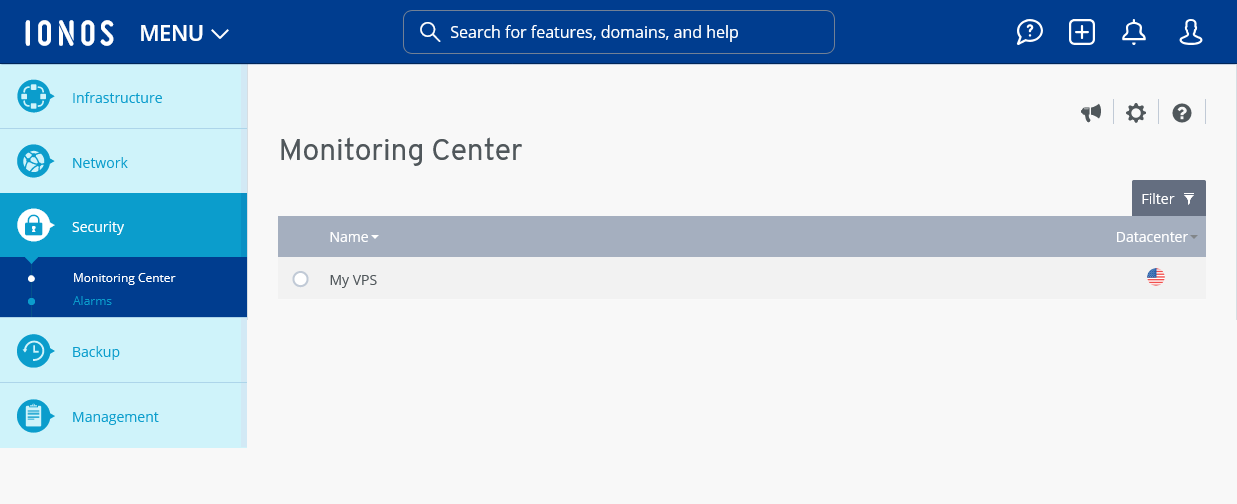 The Monitoring Center of the IONOS Cloud Panel.