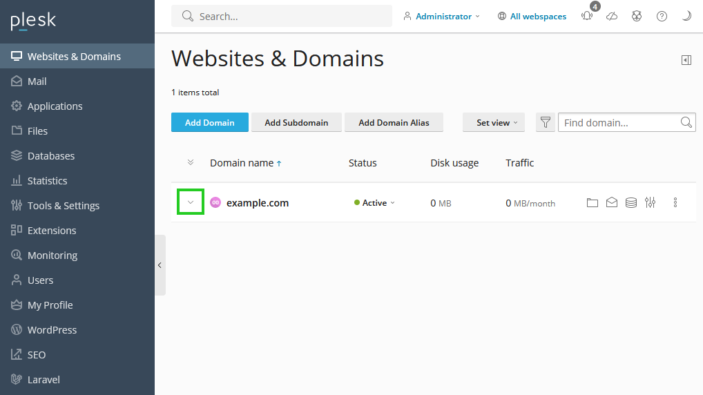 A screenshot of the Plesk panel with the down arrow next to the domain name highlighted