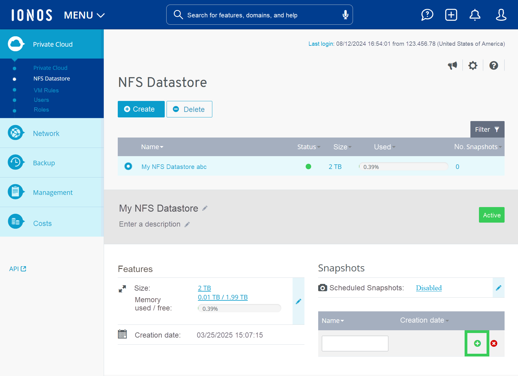 Screenshot: The Private Cloud > NFS Datastore page is displayed in the Cloud Panel. On this page, the plus button is highlighted.