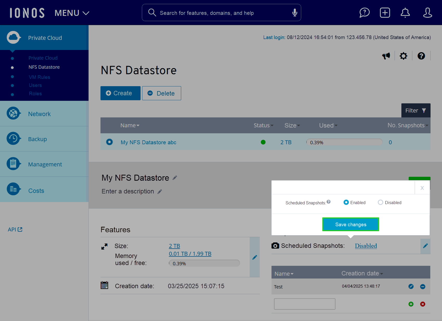 Screenshot: The Private Cloud > NFS Datastore page is displayed in the Cloud Panel. This page displays a window with the Scheduled Snapshots option. The Enabled option is selected in this window. Additionally, the Save Changes button is highlighted.