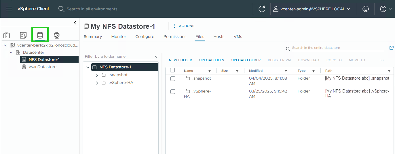 Screenshot: The vSphere Client is displayed. On this page, the button with the database icon is highlighted in the left navigation bar.