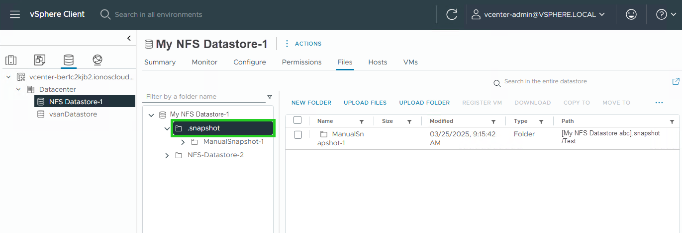 Screenshot: The vSphere Client is displayed. The .snapshot folder is highlighted in the navigation bar below the Summary menu item.
